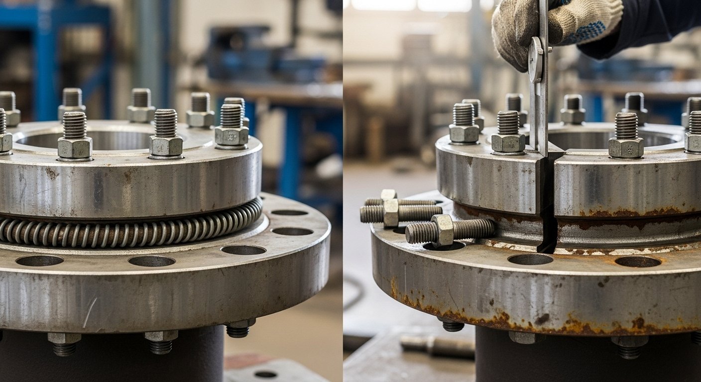 How to Identify and Prevent Flange Misalignment 1 Engineer checking for flange misalignment using a feeler gauge on a pipe system