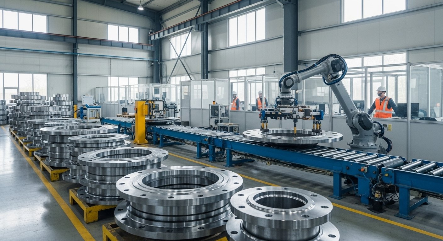 A Practical Guide to Steel Flange Suppliers in the USA 4 A warehouse shelf at a US-based steel flange supplier stocked with carbon steel and stainless steel flanges.